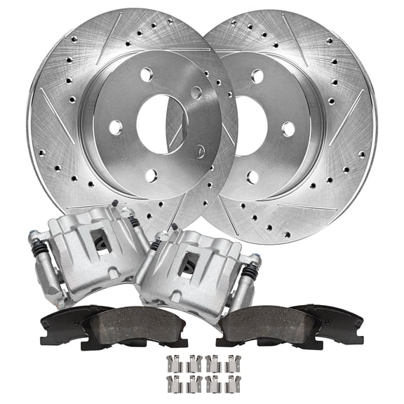 Detroit Axle - Front Brake Kit for 1999-2004 Jeep Grand Cherokee Drilled and Slotted Brake Rotors Brake Calipers w/Brackets Ceramic Brakes Pads 2000 2001 2002 2003 Replacement