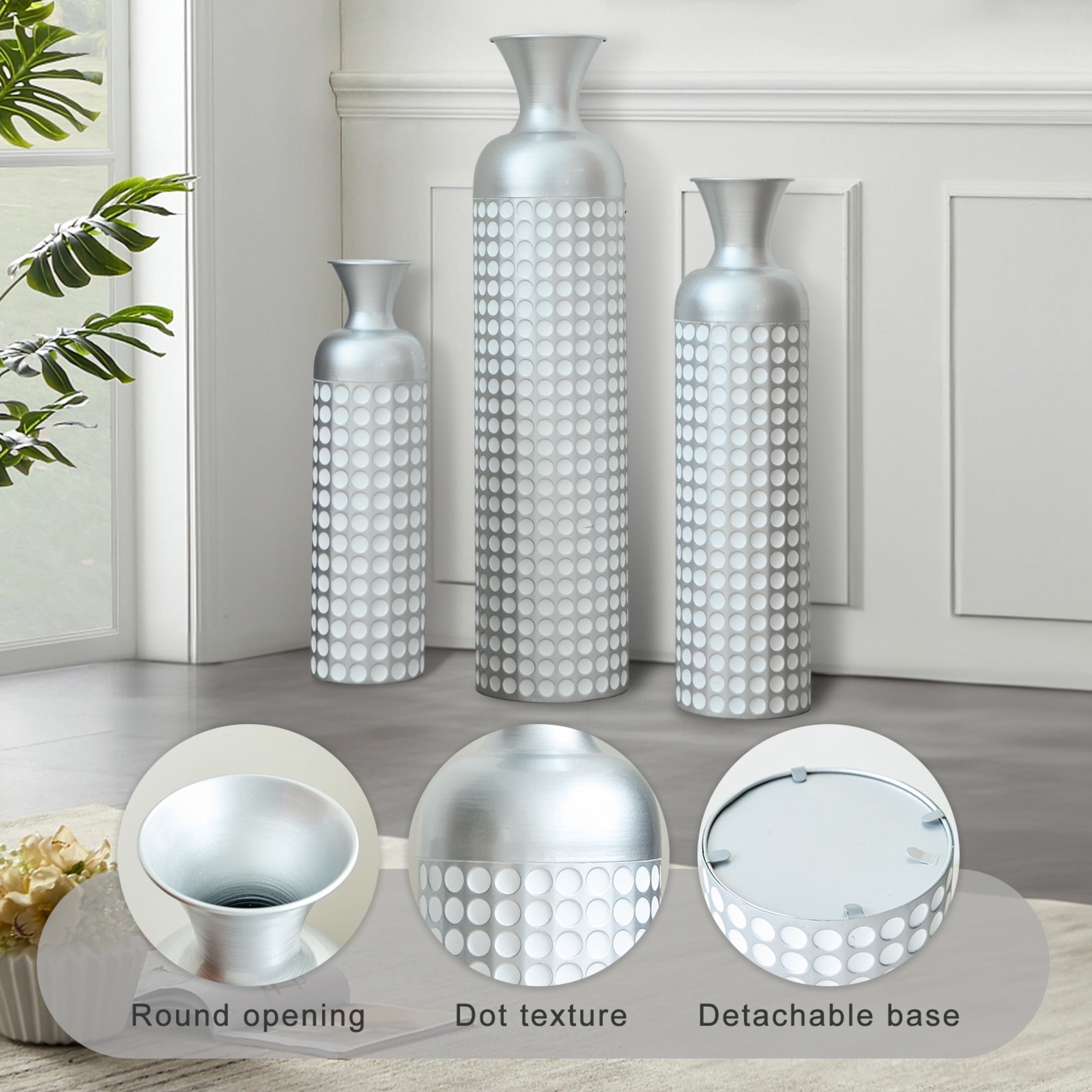 Noble House 3-Piece Metal Vase Set, 33.07", 25.98", 19.49" Nested Embossed Decorative Vases, Vintage Silver