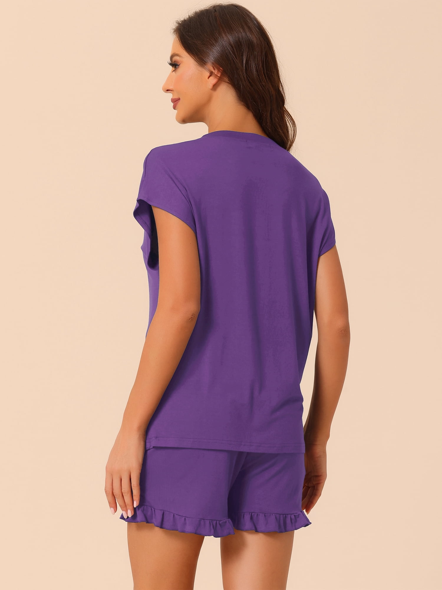 DARING DIVA Women's Lounge Pajamas Short Sleeve Tops with Shorts Pockets L Dark Purple