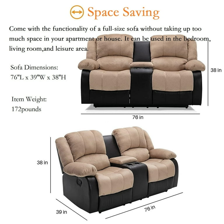 Nathaniel Home Motion Loveseat 2 Reclining Seats Upholstered 2 Seat Couch Tufted Recliner with Console Plush Scoop Seating for Living Room Beige