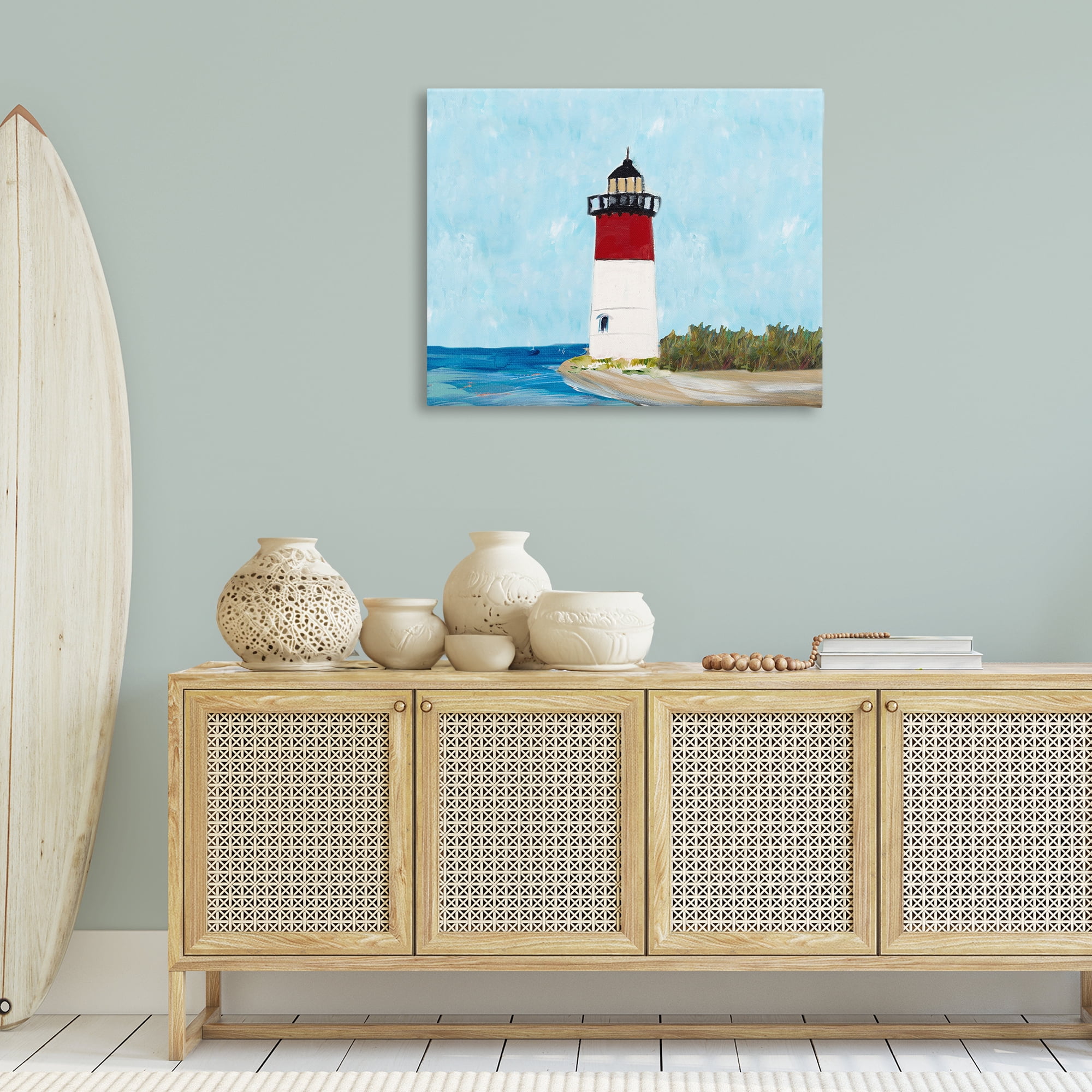 Stupell Industries Coastal Lighthouse on Blue Coastal Painting Gallery Wrapped Canvas Art Print Wall Art, 40 x 30