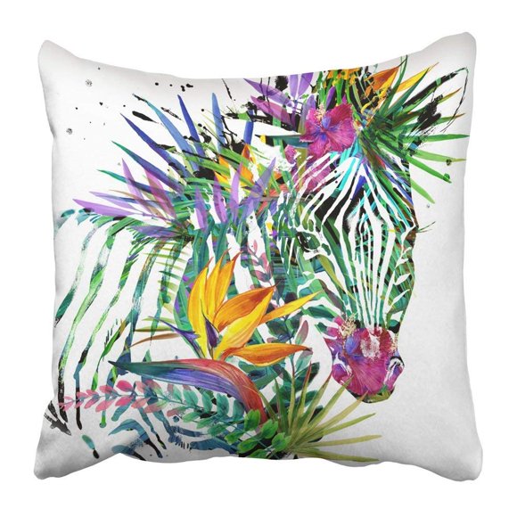 RYLABLUE Green Animal Zebra Exotic Tropical Plant Watercolor Nature Painting Abstract Blossom Botanical Pillowcase Pillow Cover 18x18 inches