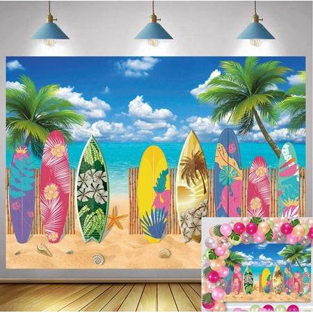 Image of Surfboard Beach Party Backdrop Tropical Hawaiian Seaside Surfs Up Photography Background Summer Beach Holiday Birthday Party Decorations 7x5FT
