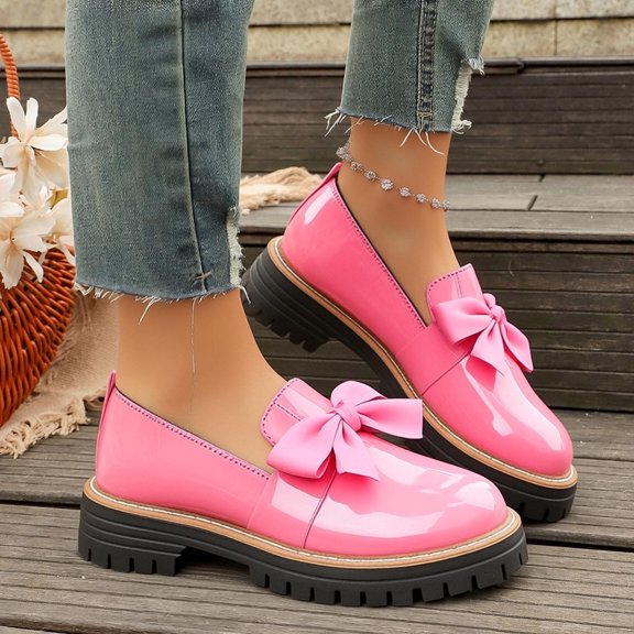 Bkhluea Women Patent Bow Chunky Platform Loafers Slip On Comfortable Footwear For Office Work Daily Casual Outdoor Activities