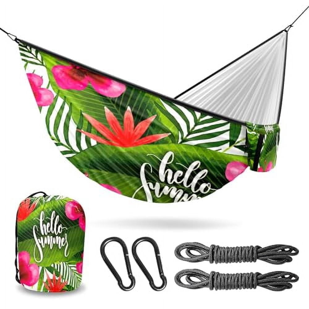 Hammock Double & Single Portable Hammocks with Storage Bag Travel Camping Beach Hiking Backpacking Patio Backyard-Indoor Outdoor Gear Hello Summer Tropical Floral Palm
