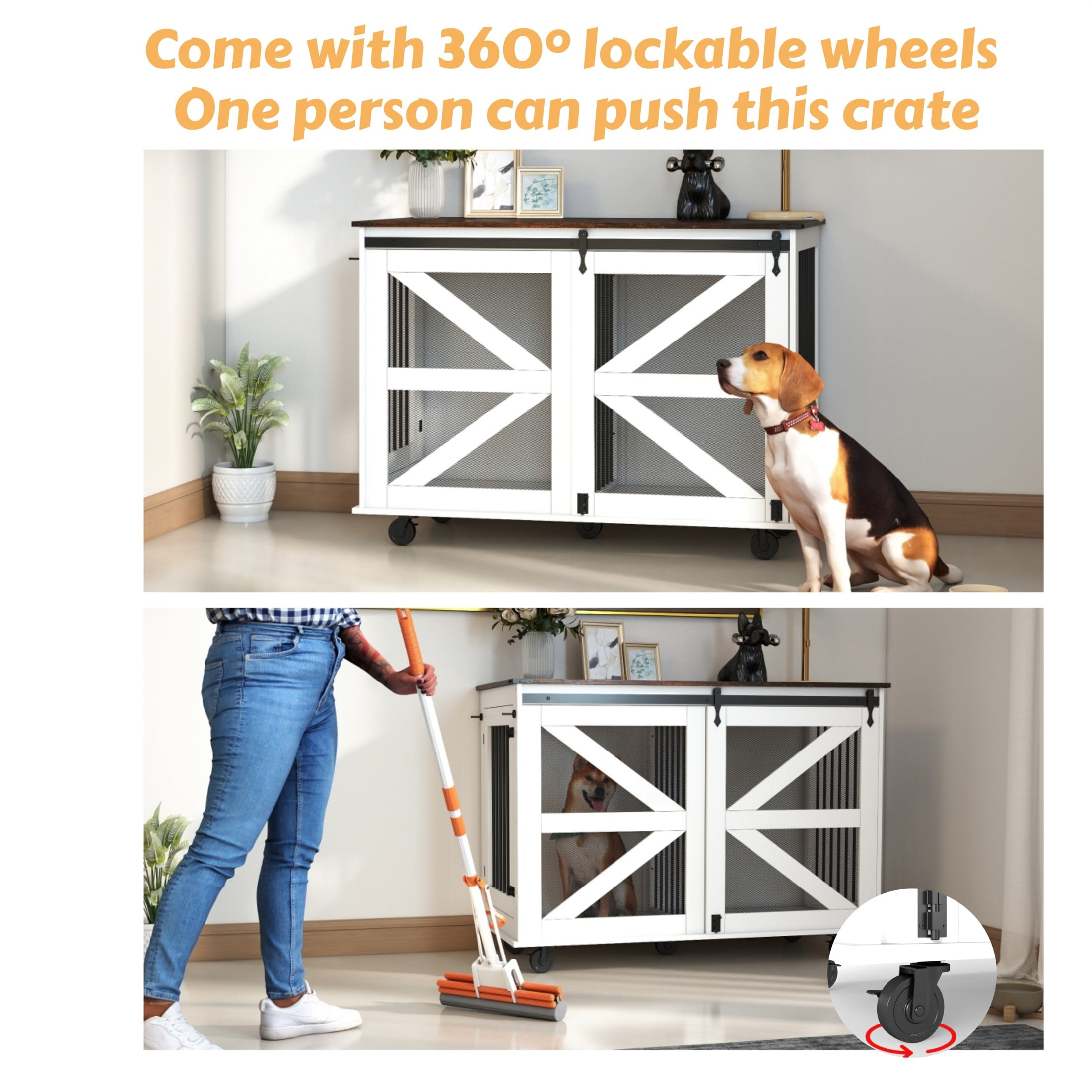 Noble House 47.2" Dog Crate with Flip-Top Feeding Door, Furniture Kennel with Barn Door & Wheels, Brown and White
