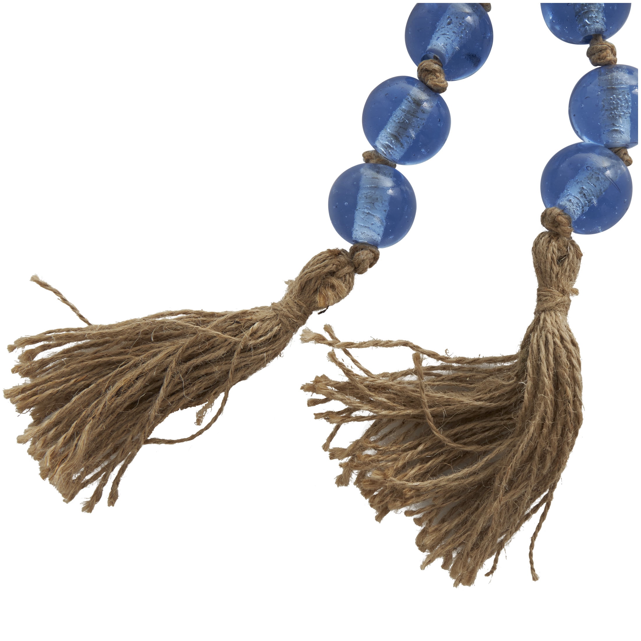 DecMode Handmade Round Blue Glass Garland with Tassel with Knotted Jute