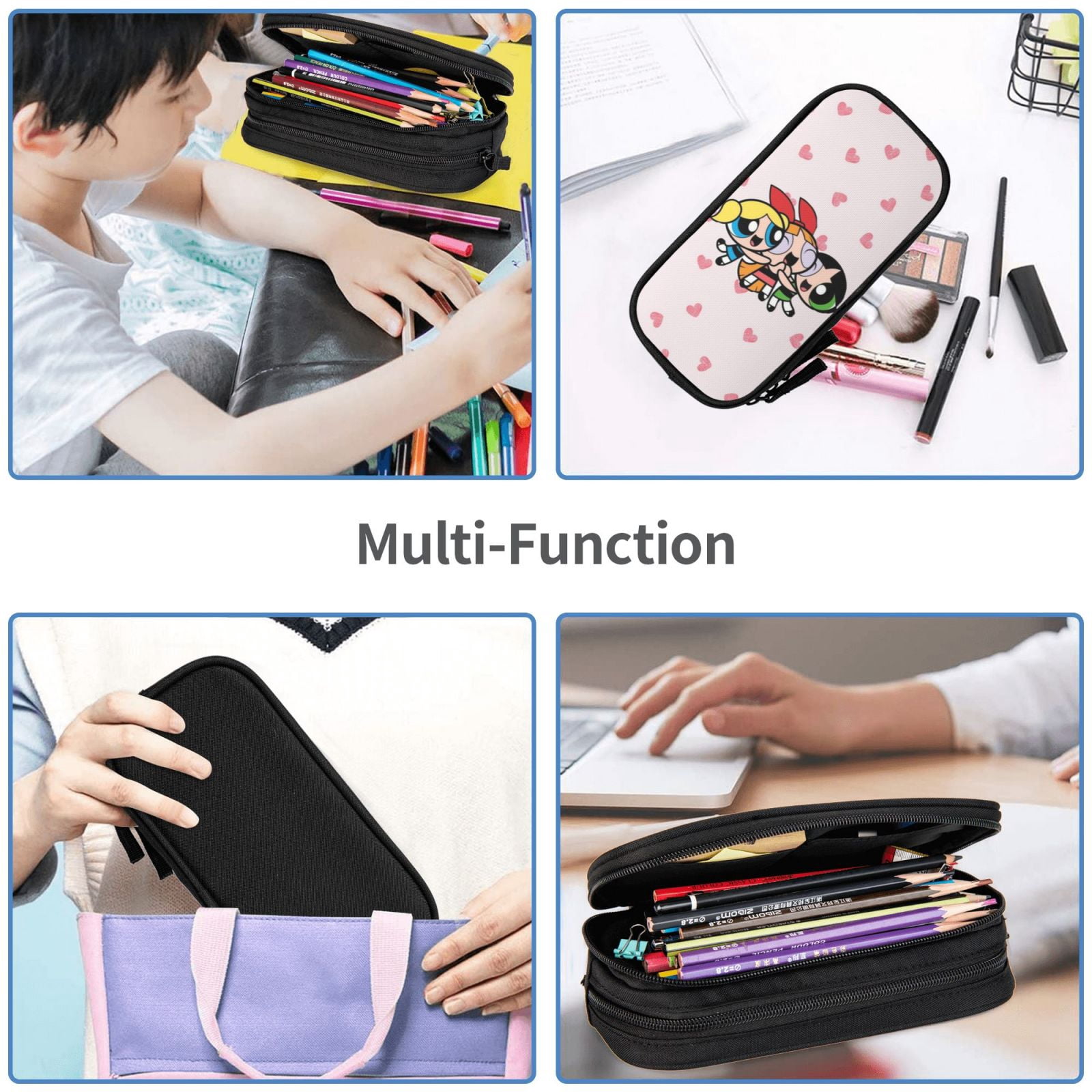 The Powerpuff Gi-rls Pencil Case Large Capacity Pencil Pouch Pen Bag Office Stationery Organizer Travel Makeup Bag Black
