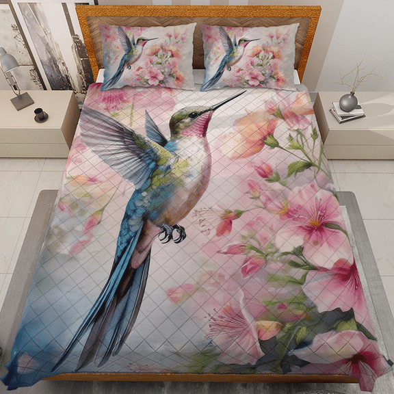 Lotusprinthandmade Floral Hummingbird Quilt Bedding Set (White Binding) 5 Sizes (Made in Vietnam) (55x60), hummingbird and floral quilt bedding