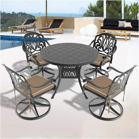 JERFIT 4-Person Outdoor Dining Set with Swivel Chairs, 39-inch Round Aluminum Patio Table and Cushions, All-Weather Black Garden Set