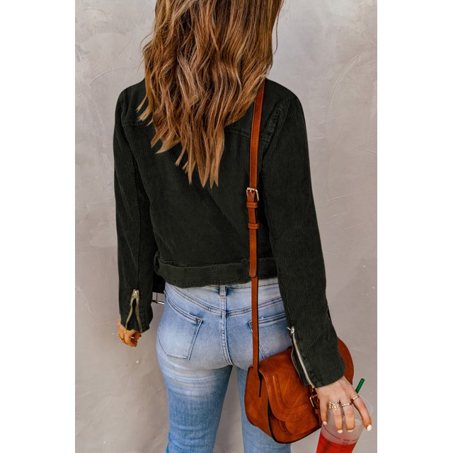 ABPHQTO Chaqueta de pana con cremallera y cinturón con hebilla para mujer