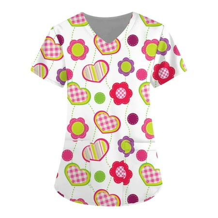 

TQWQT Valentine s Day Printed Scrub Tops for Women Breathable Love Heart Pattern V-Neck T-Shirts Tee Scrubs Top with Pockets