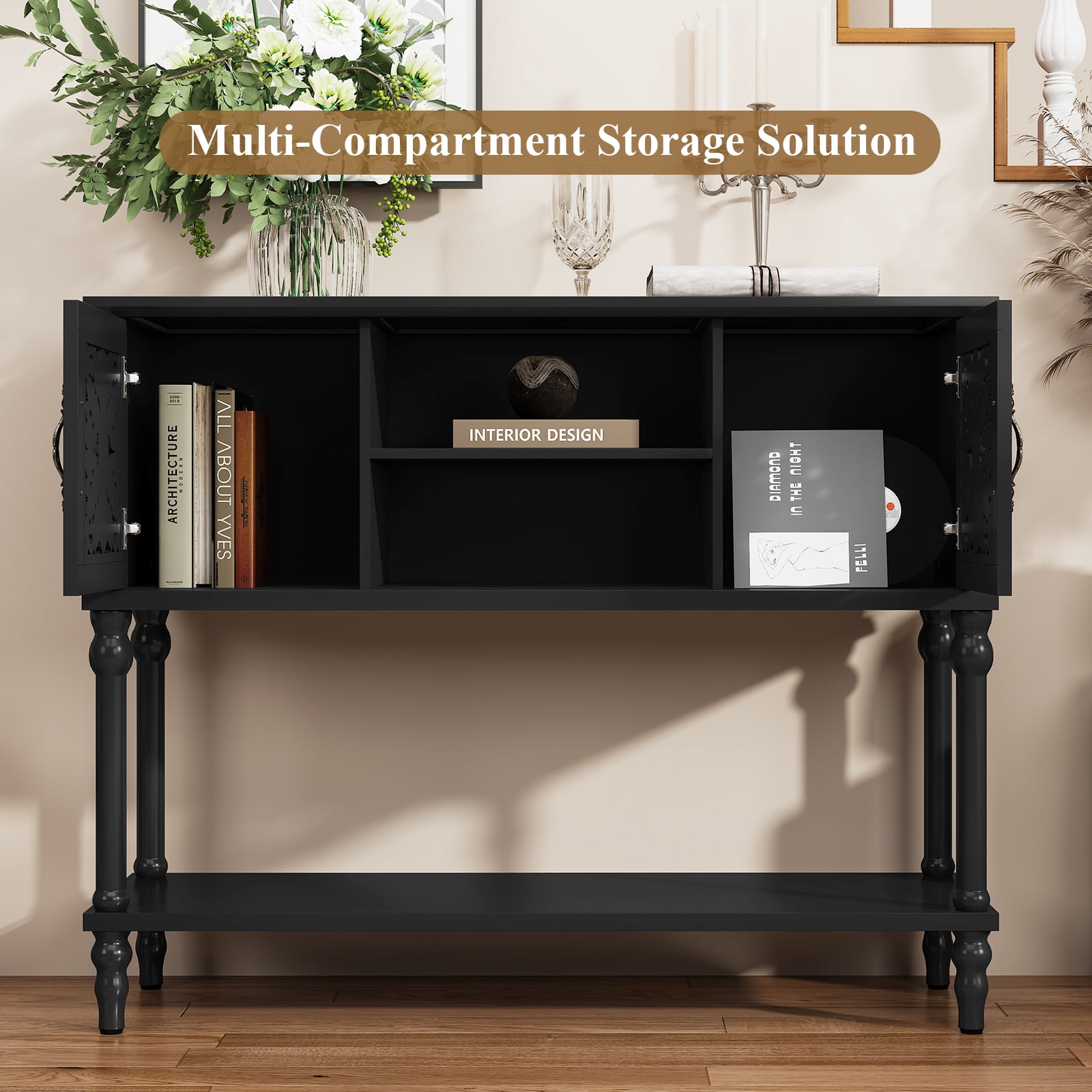 HLR Modern 42" Console Table with Storage, Entryway Table Wood Behind Couch with Shelves for Living Room, Black