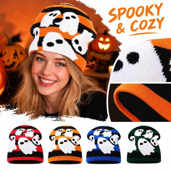IYYVV Unisex Funny Halloween Pumpkin Skull Knitted Pullover Hat Warm Festival Fall and Winter for Men Women A,B,C,D