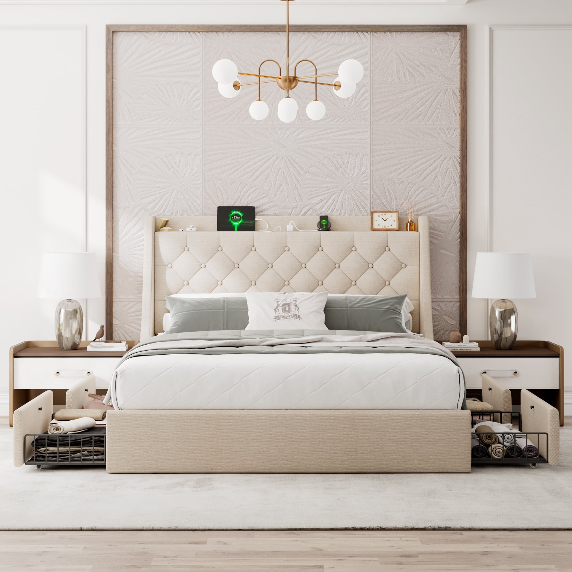 Honfach Queen Bed Frame with 4 Storage Drawers, Upholstered Storage Bed with Charging Station, Wingback Storage Headboard, No Box Spring Needed,Beige