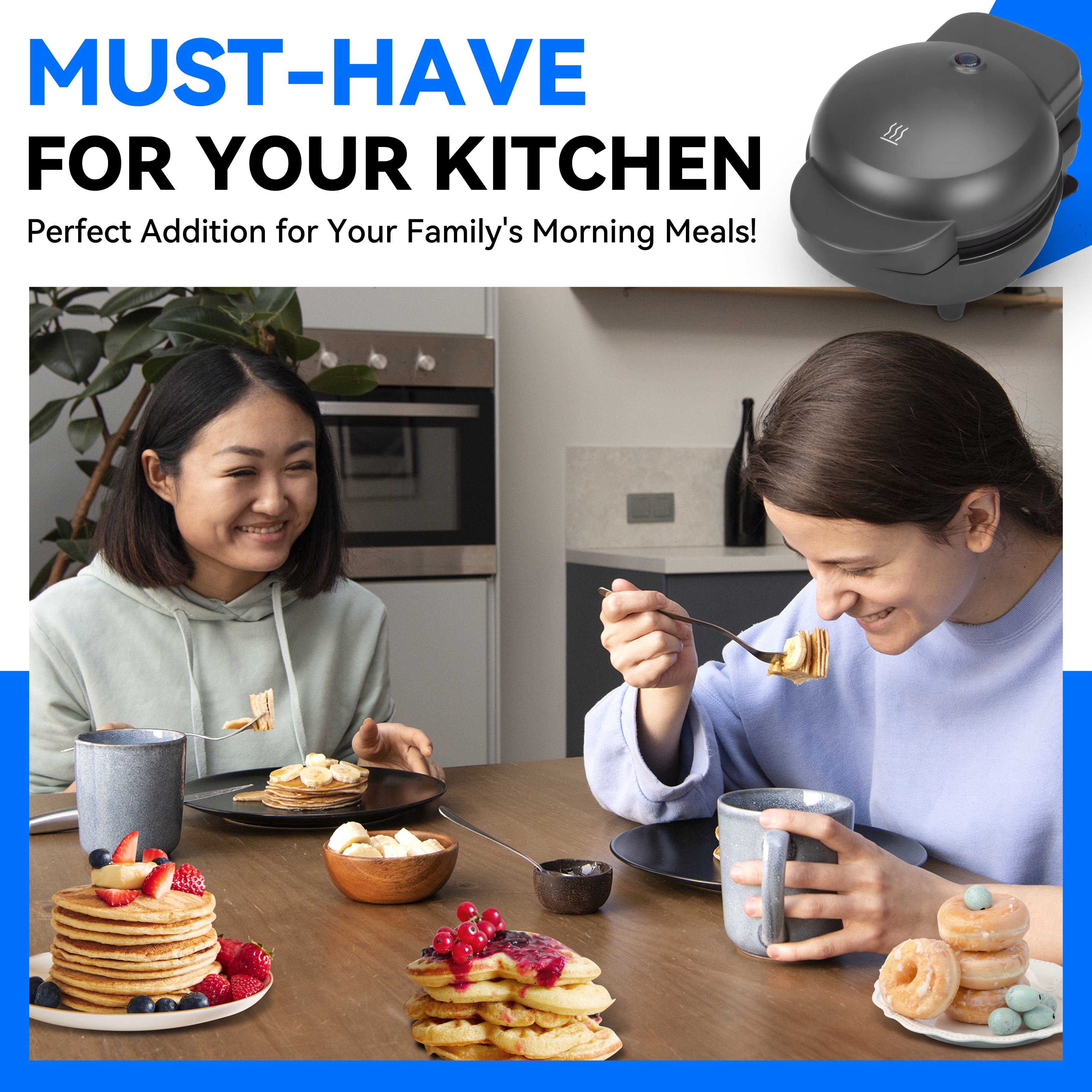 Mailand Countertop 4 in 1 Waffle Maker, Mini Pancakes, Mini Donuts, Mini Heart Shape Waffle, Removable Plates, Graphite