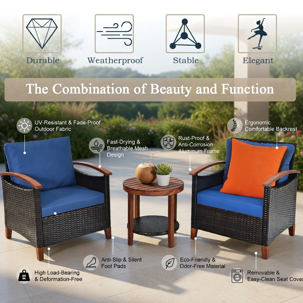 Hommoo 3-Piece Outdoor Rattan Patio Furniture Set with Washable Blue Cushions, Acacia Wood Coffee Table, Blue