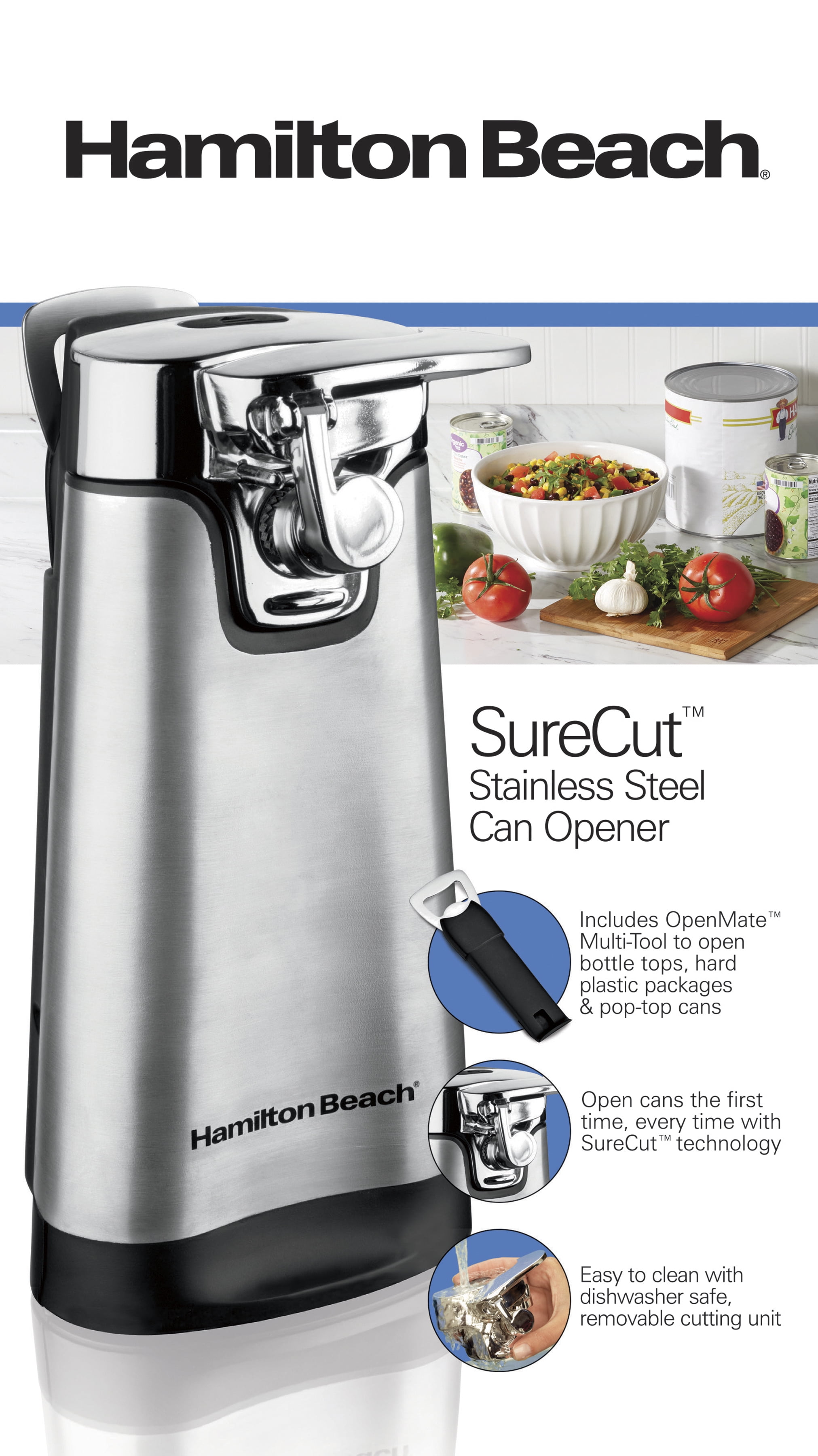 Hamilton Electric Automatic Can Opener w/ Easy-Clean Detachable Cutting  Lever