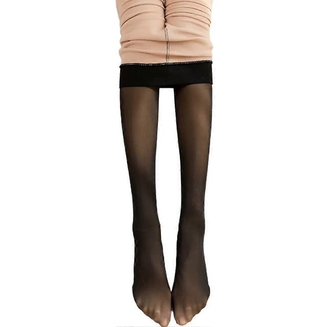 medias térmicas mágicas extra gruesas y cálidas de invierno con doble forro elástico para mujer talla única, color negro; vista frontal centrada de piernas con cintura alta y dobladillo superior; exterior negro semitransparente y forro interior color piel según especificación, ajuste ceñido hasta los dedos, tejido elástico (90% poliéster, 10% elastano), pensadas para climas fríos y uso con faldas, vestidos o debajo de pantalones; adecuadas hasta -15 °C.