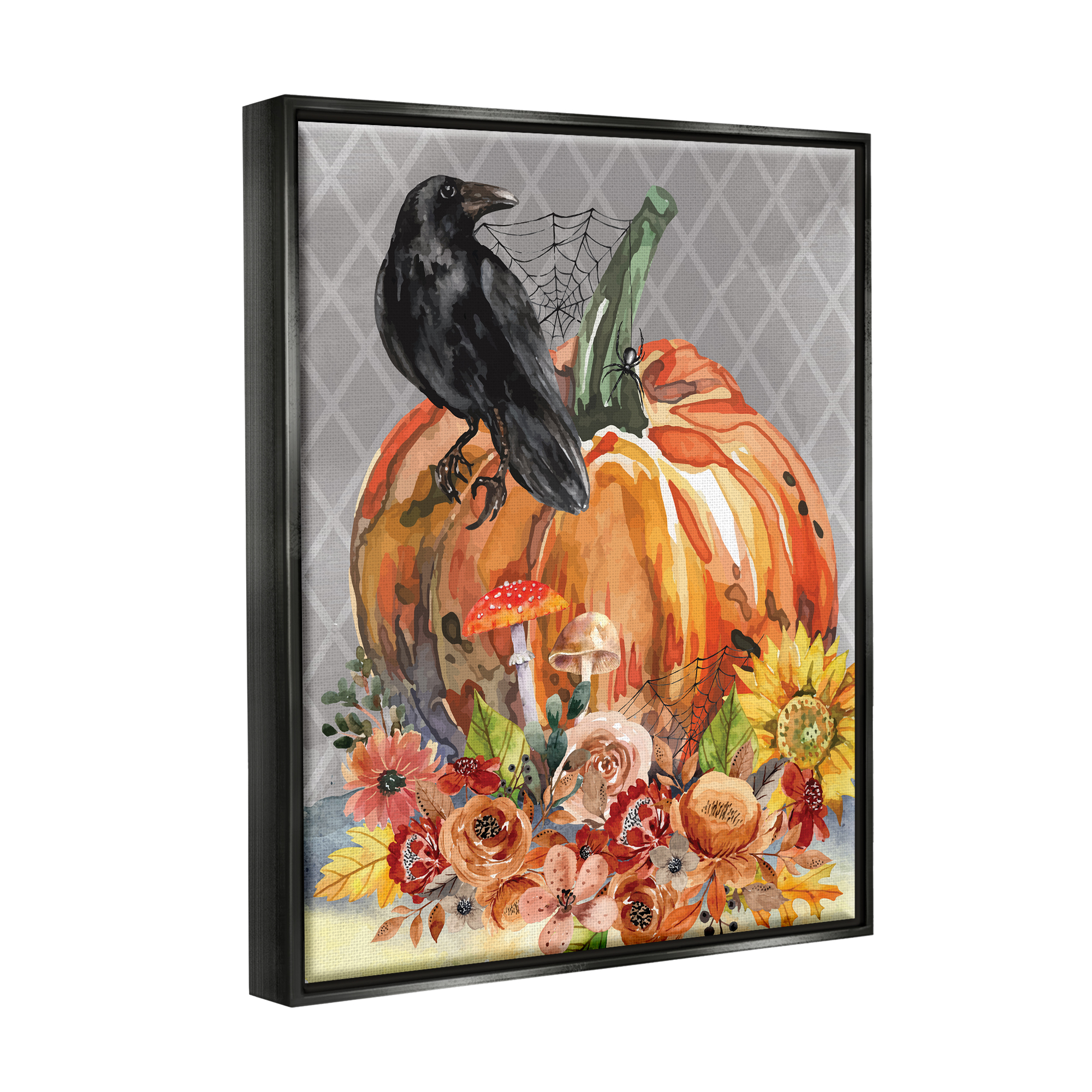 Stupell Industries Autumn Crow Pumpkin Botanicals Holiday Painting Black Floater Framed Art Print Wall Art