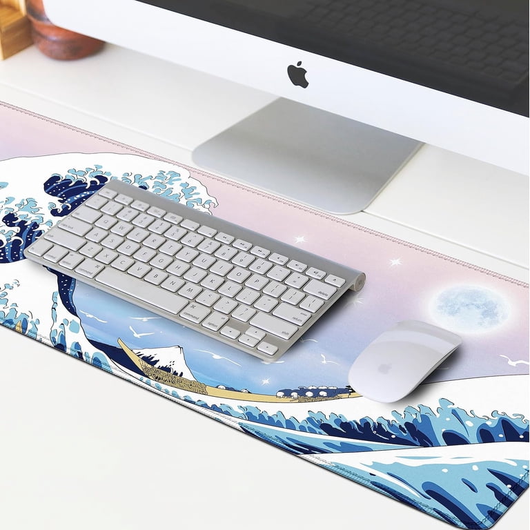 Black And White Japanese Waves Sea Dragon Gaming Mouse Pad Abstract Black Mat 31.5x11.8 Inch Sea Wave Texture Non-Slip Rubber Base Wave Mousepad Stitched Edges Keyboard Desk Pad For Office Home Game