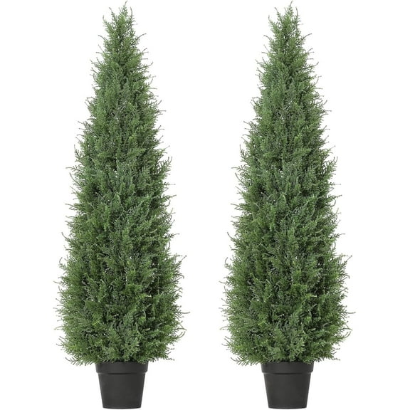 5FT Artificial Cedar Topiary Trees, 2 Pack UV Resistant Faux Outdoor Plants, Realistic Potted Fake Trees for Porch, Patio, Garden, Indoor Decor