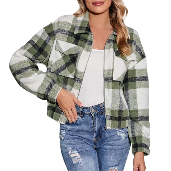 Women Fall Jacket Cropped Flannel Plaid Shacket Zip Up Shirts with Pockets With Pocket Lightweight Jacket