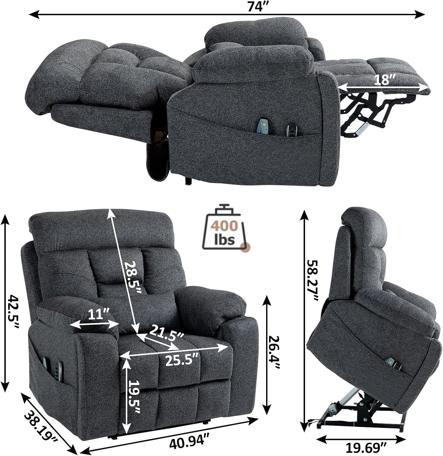 Lay Flat Power Lift Recliner Chair, | 400lbs | 25.5in Extra Wide | 4-Motor | Heat, Massage, Hidden Cup Holder, Sleeping | Big Man, Elderly