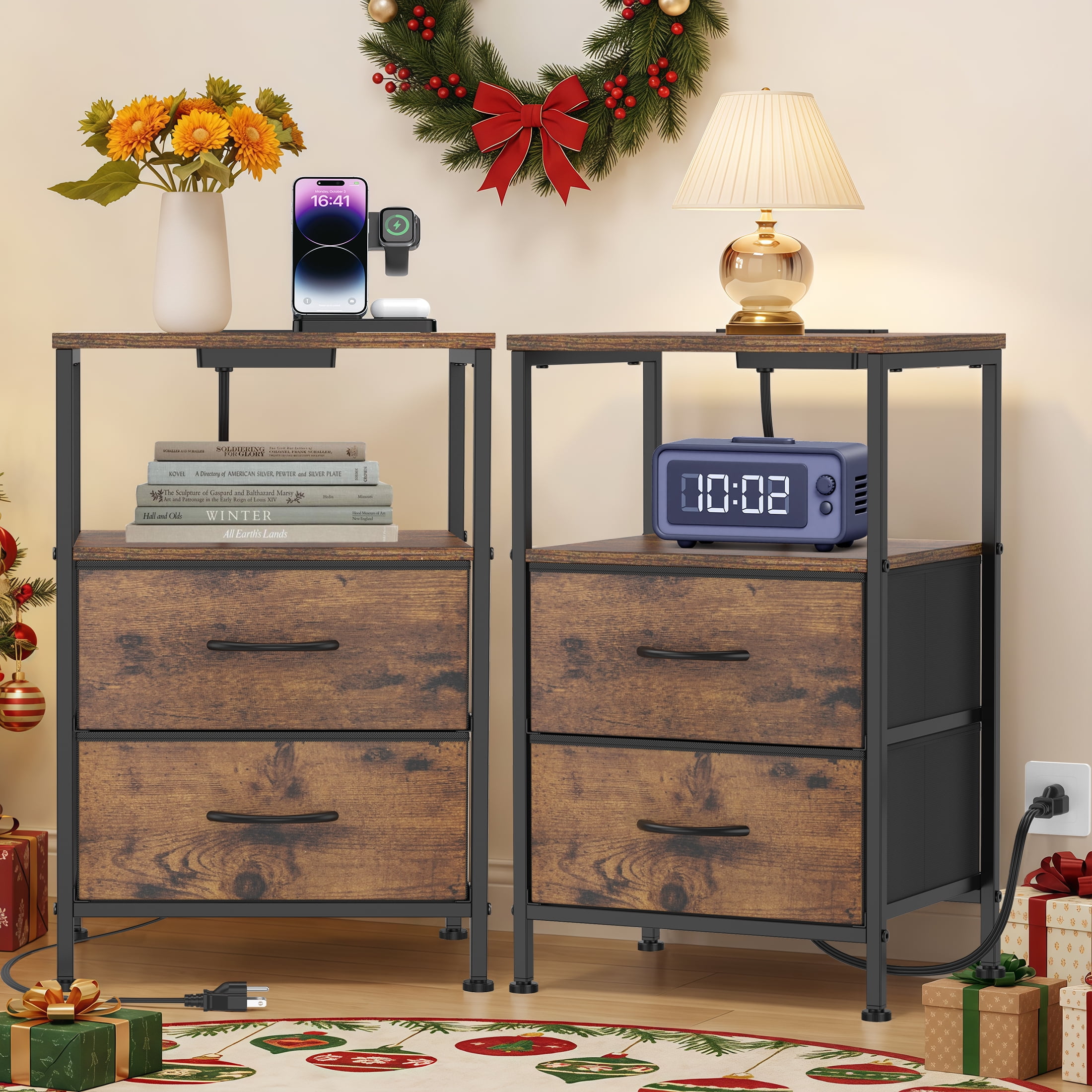 EZKAMFORT Nightstands for Bedroom Set of 2, Nightstands Set of 2, Small Nightstands with Usb Ports and Outlets, Rustic Brown Bedside Table