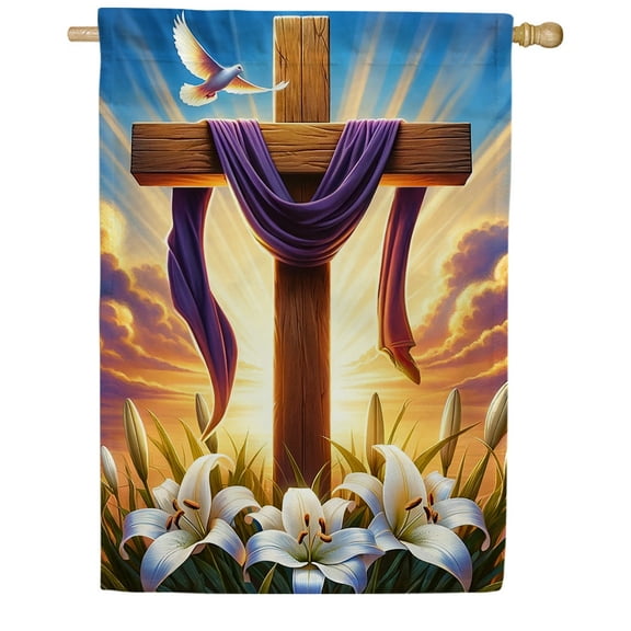 America Forever Easter Cross House Flag, 28x40 inch Double Sided, Christian He is Risen, Lily and Cross Easter Religious, Spring Floral Yard Outdoor Decorative Flag