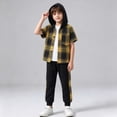 thumbnail image 4 of BLVB Boys Clothes Sets Plaid Short Sleeve Hooded Button Shirt and Jogger Pants for Toddler Kids Fall Outfits(Yellow,6-7Years), 4 of 7
