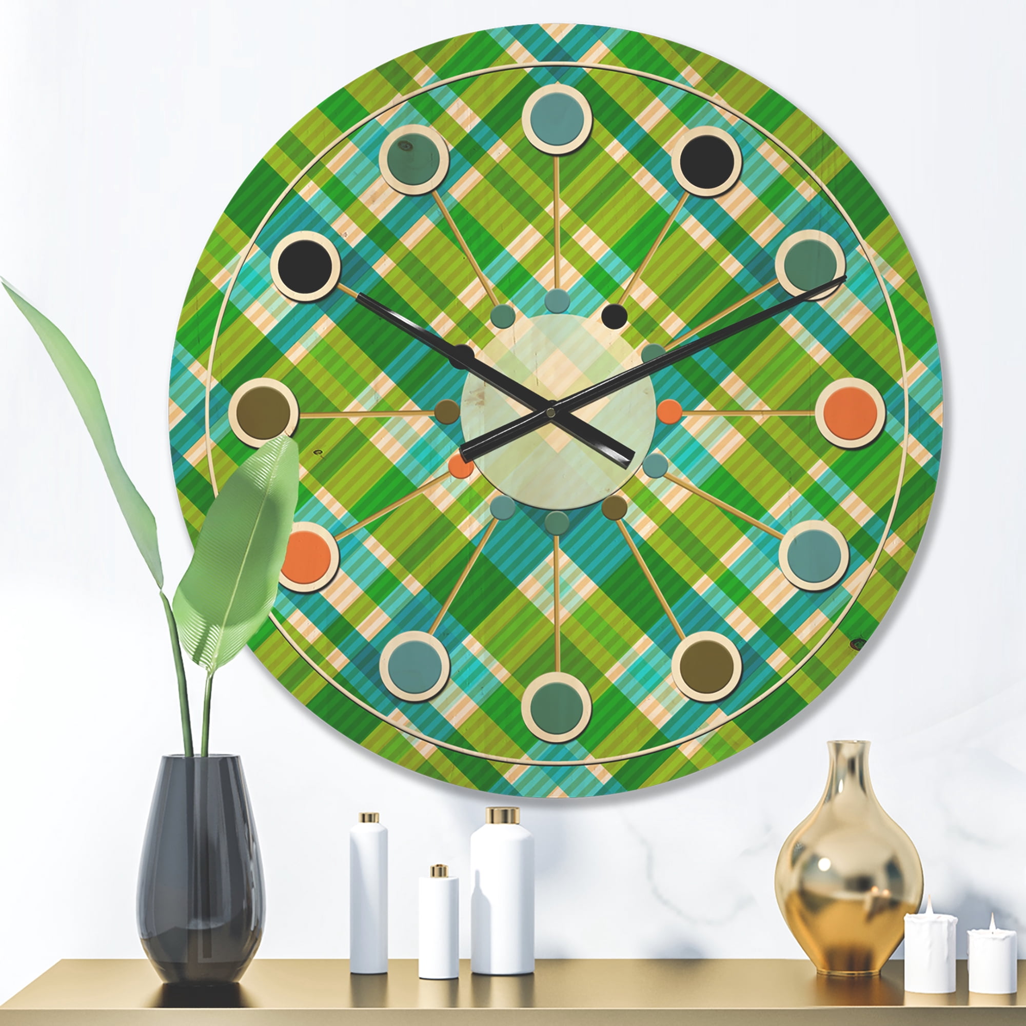Designart 'Tartan Texture Geometrical Retro II' Mid-Century Modern Wood Wall Clock