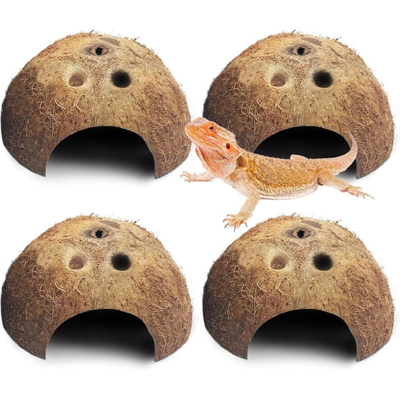 Natural Coconut Reptile Hideouts Lizard, Coco Hut Hermit Crab Hut Aquarium Fish Hide Cave for Small Reptile Crested Gecko Leopard Gecko Spider Snail Climber Toys (4 PCS Natural Surface)