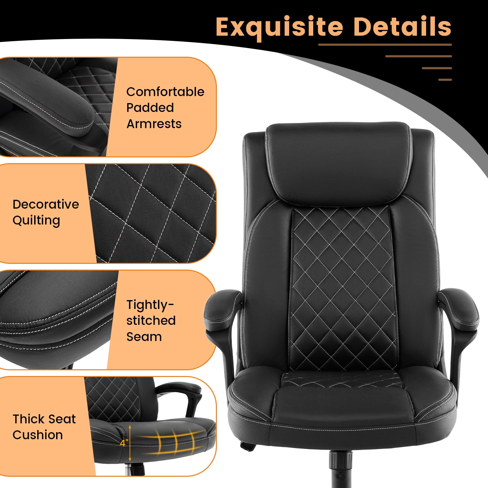 Costway Adjustable Office Desk Chair Ergonomic Executive Chair with Padded Headrest Armrest