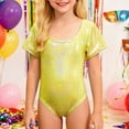 thumbnail image 2 of QUOTAY Girls Latin Dance Gymnastics Leotard Shiny Rhinestone Short Sleeve Unitard Performance Training for Competition Stage Shows Gold,100, 2 of 4