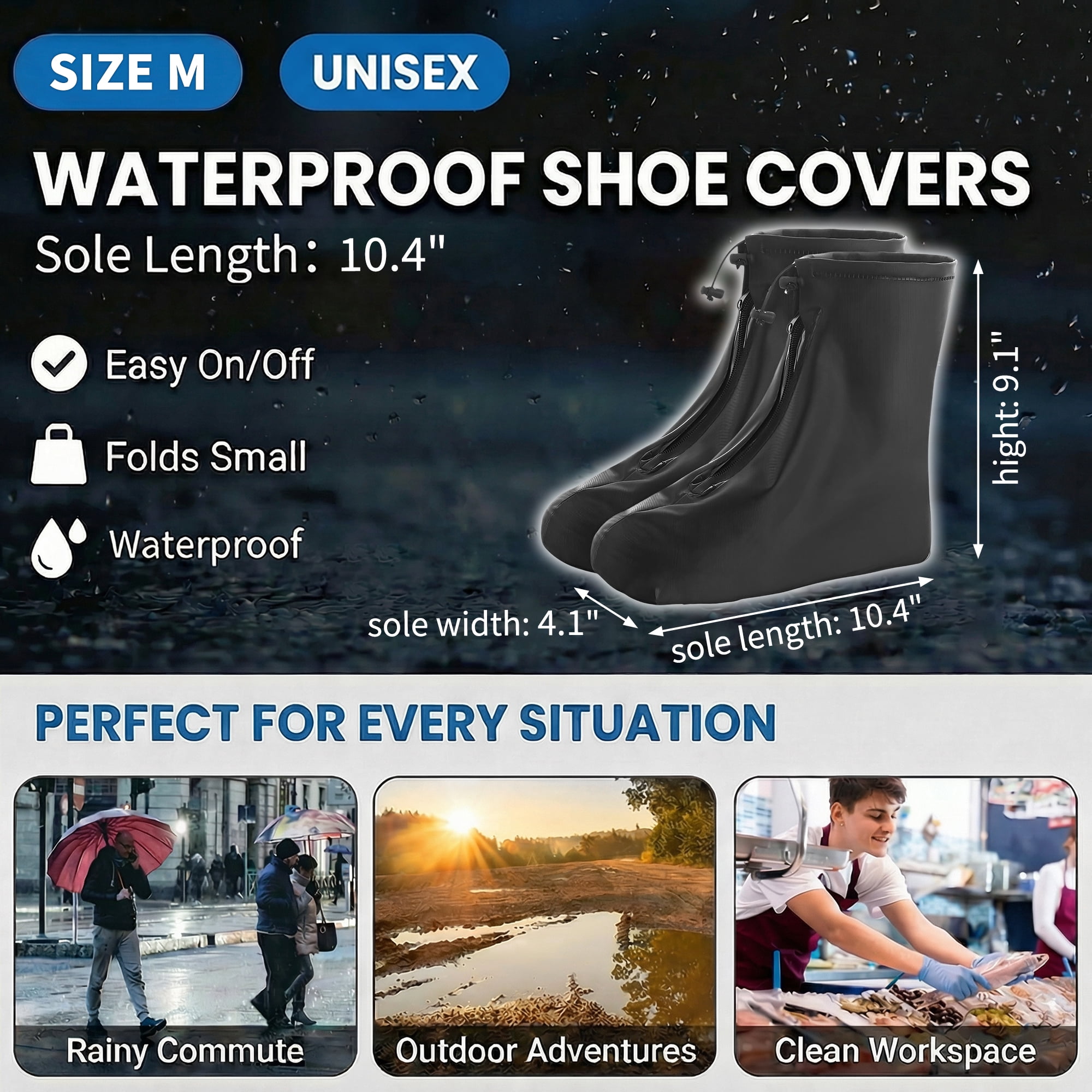 Unique Bargains Waterproof Shoe Covers Reusable Overshoes Black 10.43"x4.13"x9.06"