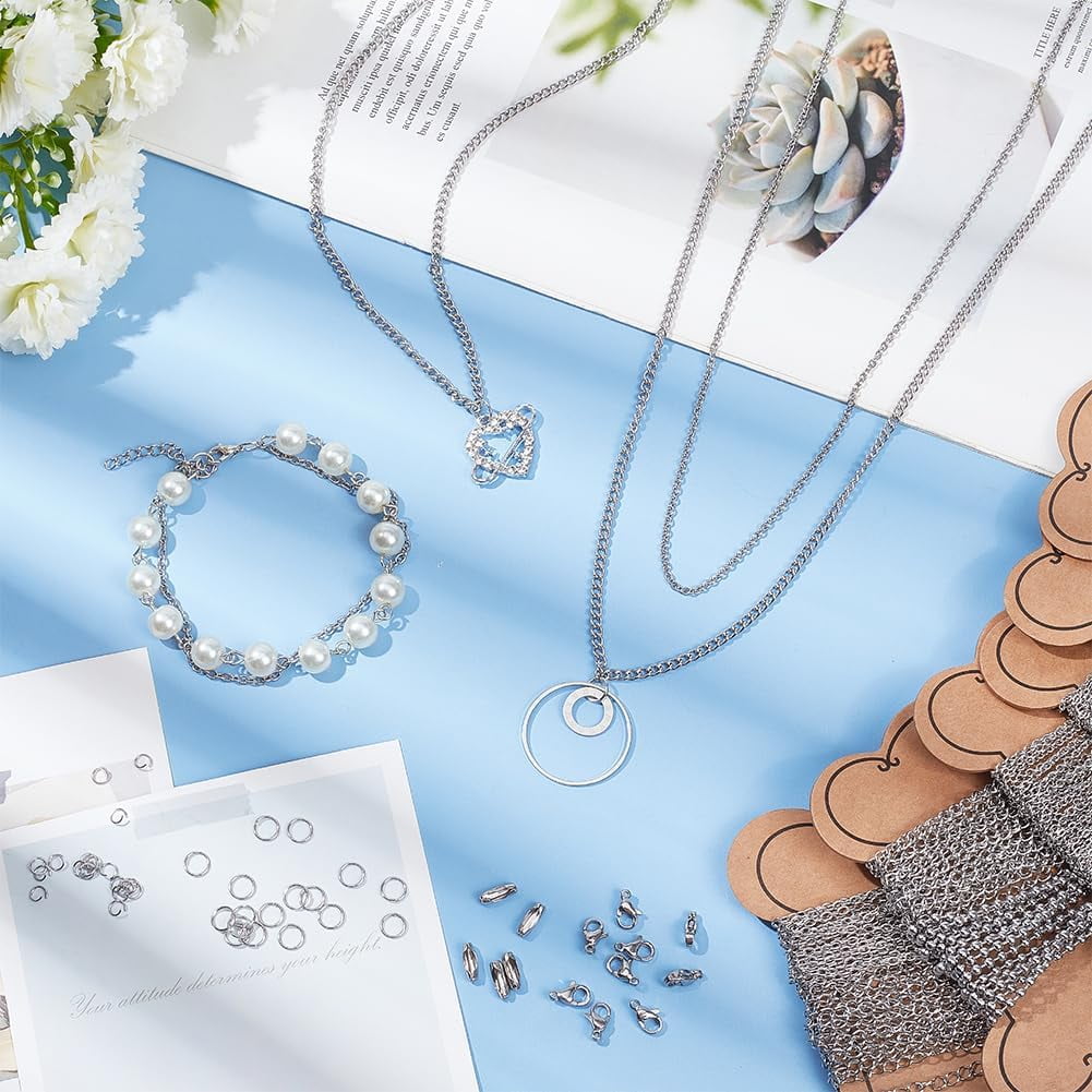 12 Styles 118 Feet Necklace Chains Stainless Steel Link Chain for DIY Craft Jewelry Making with 300pcs Jump Rings 40pcs Lobster Clasps 20pcs Chains Connectors Silver