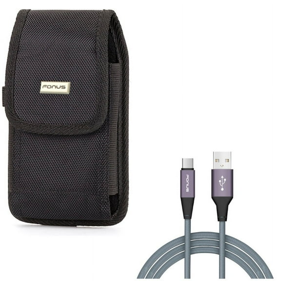 Rugged Case Holster Metal Belt Clip w Gray Braided Type-C Cable 10ft Long Rapid Charger Sync USB Wire D5A for LG G7 ThinQ, Stylo 4 Plus - Motorola Moto Z4 Z3 Play Z2 Play Z Play Droid Force