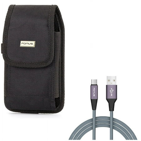 Rugged Case Holster Metal Belt Clip w Gray Braided Type-C Cable 10ft Long Rapid Charger Sync USB Wire D5A for LG G7 ThinQ Stylo 4 Plus - Motorola Moto Z4 Z3 Play Z2 Play Z Play Droid Force