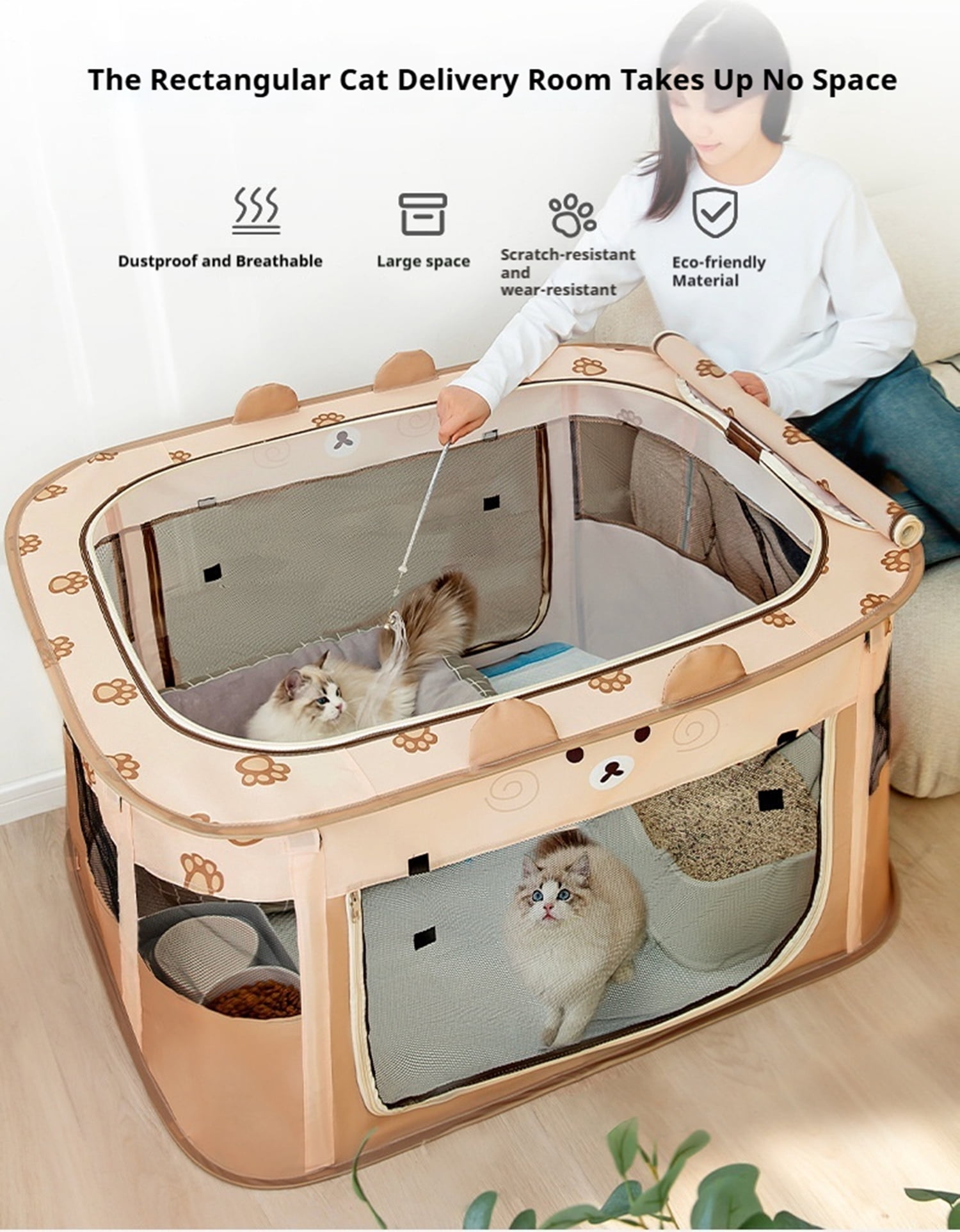 Foldable Cat Delivery Room, Portable Pet Whelping Tent for Cat Birth & Puppy, Rectangular Space-Saving Cat Nest with Breathable Mesh & Sunroof (M/L/XL/XXL)