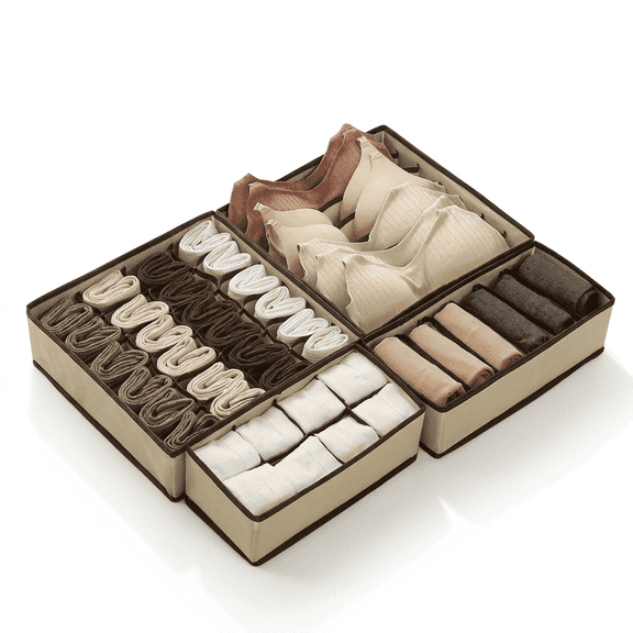 4 Piece Beige Collapsible Non-Woven Drawer Organizer, Closet Storage Divider for Daily Sundries