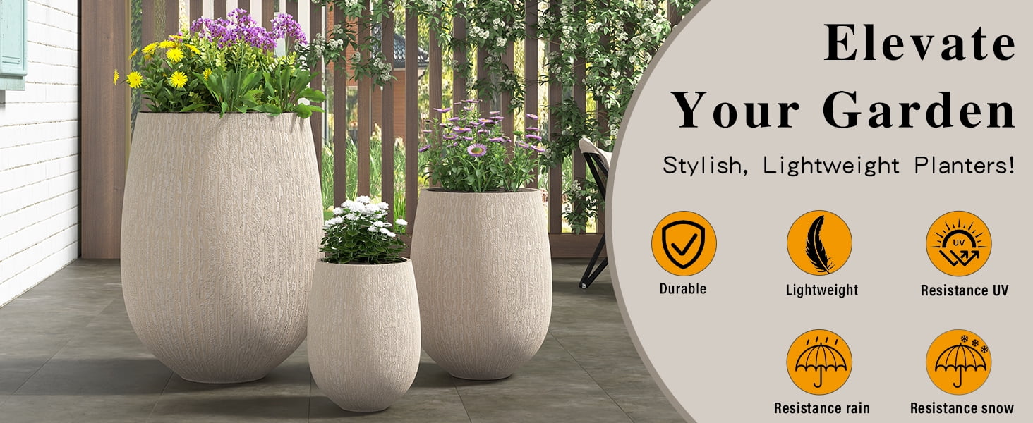 Mintazer Modern Planter Set of 3, 15.6''/10.8''/7.3'' Stackable Flower Pots with Drainage Holes, Stone-Look Textured Decorative Plant Pots for Indoor & Outdoor, Beige
