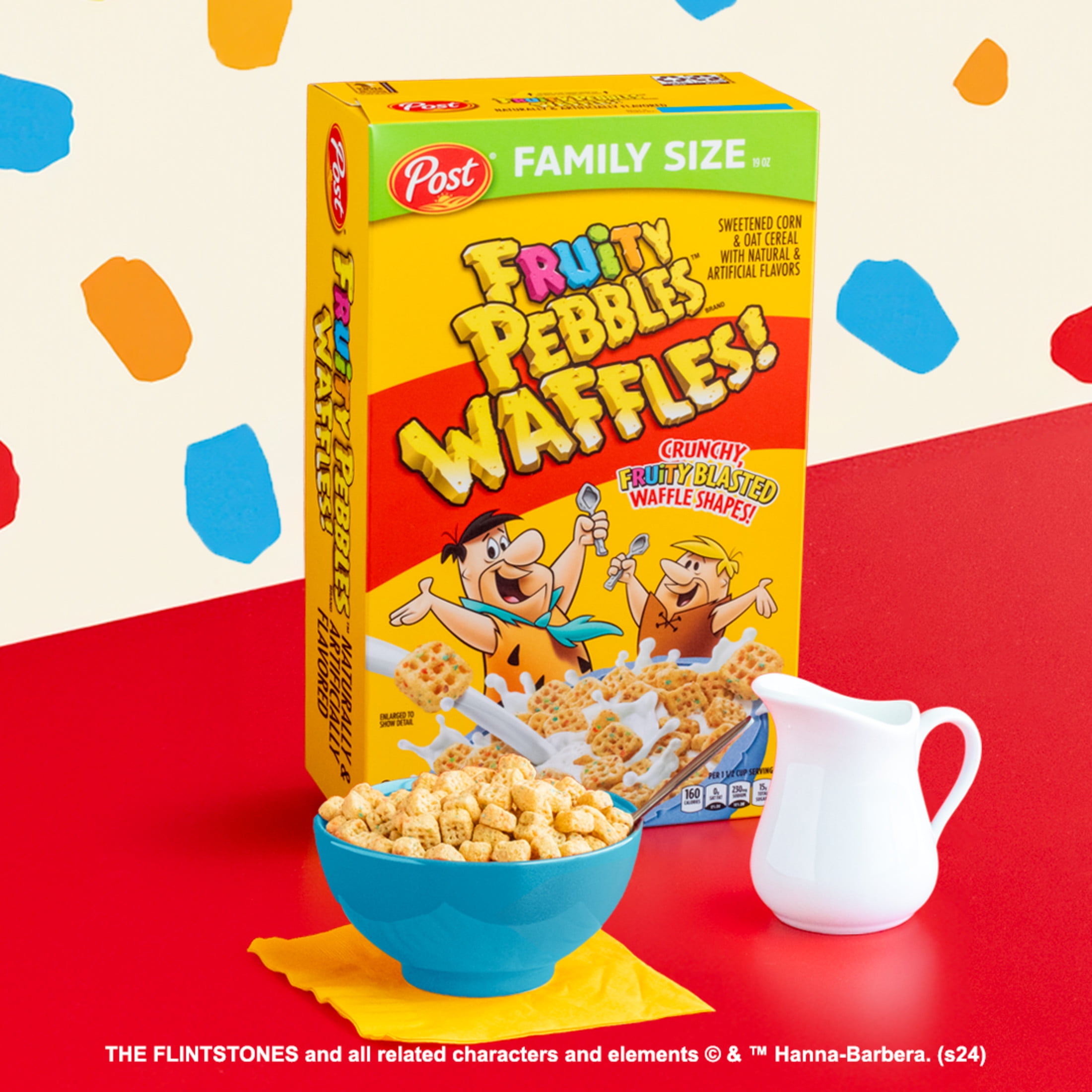 Post Fruity PEBBLES Waffles Cereal, Fruity Cereal, Crunchy, 19 oz Box