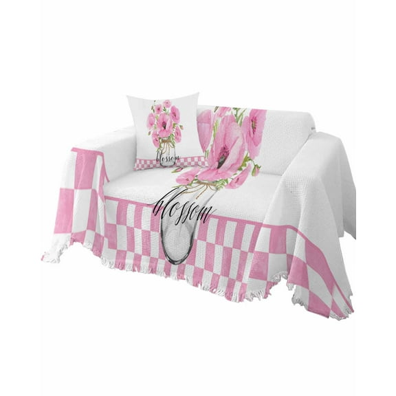 Pink Flower Plaid Sofa Couch Covers for Dog,Washable Sectional Couch Slipcovers for Loveseat with Tassels,Buffalo White Checkered Bottle Botanical Floral Non Slip Sofa Throw Cover Blanket L 71x102