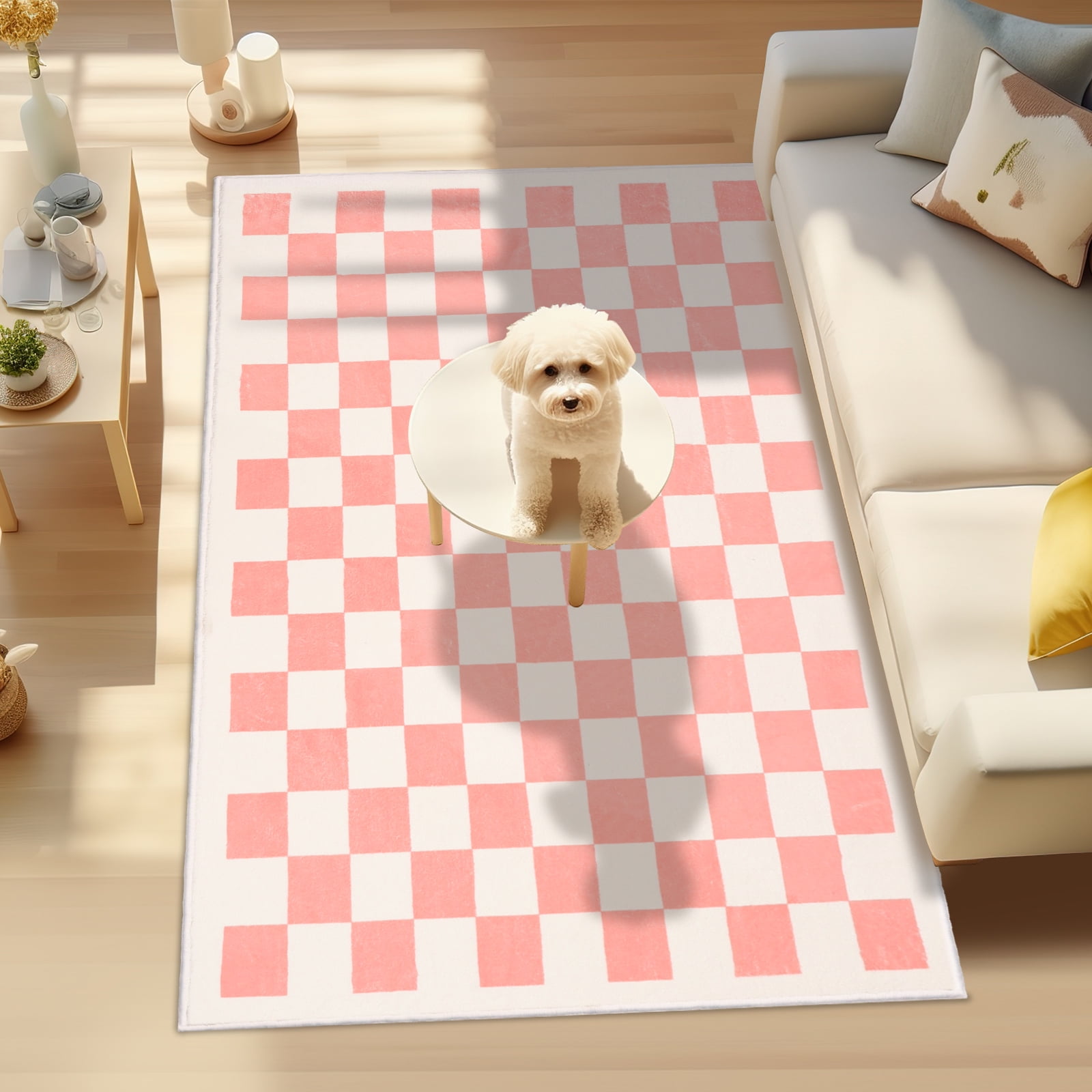 Area Rugs for Bedroom Living Room, 3' x 5' Checkered Rug Retro Checkerboard Moroccan Rug Lightweight Outdoor Washable Carpet Rustic Decor for Living Room Bedroom Kitchen Patio(Pink/White)