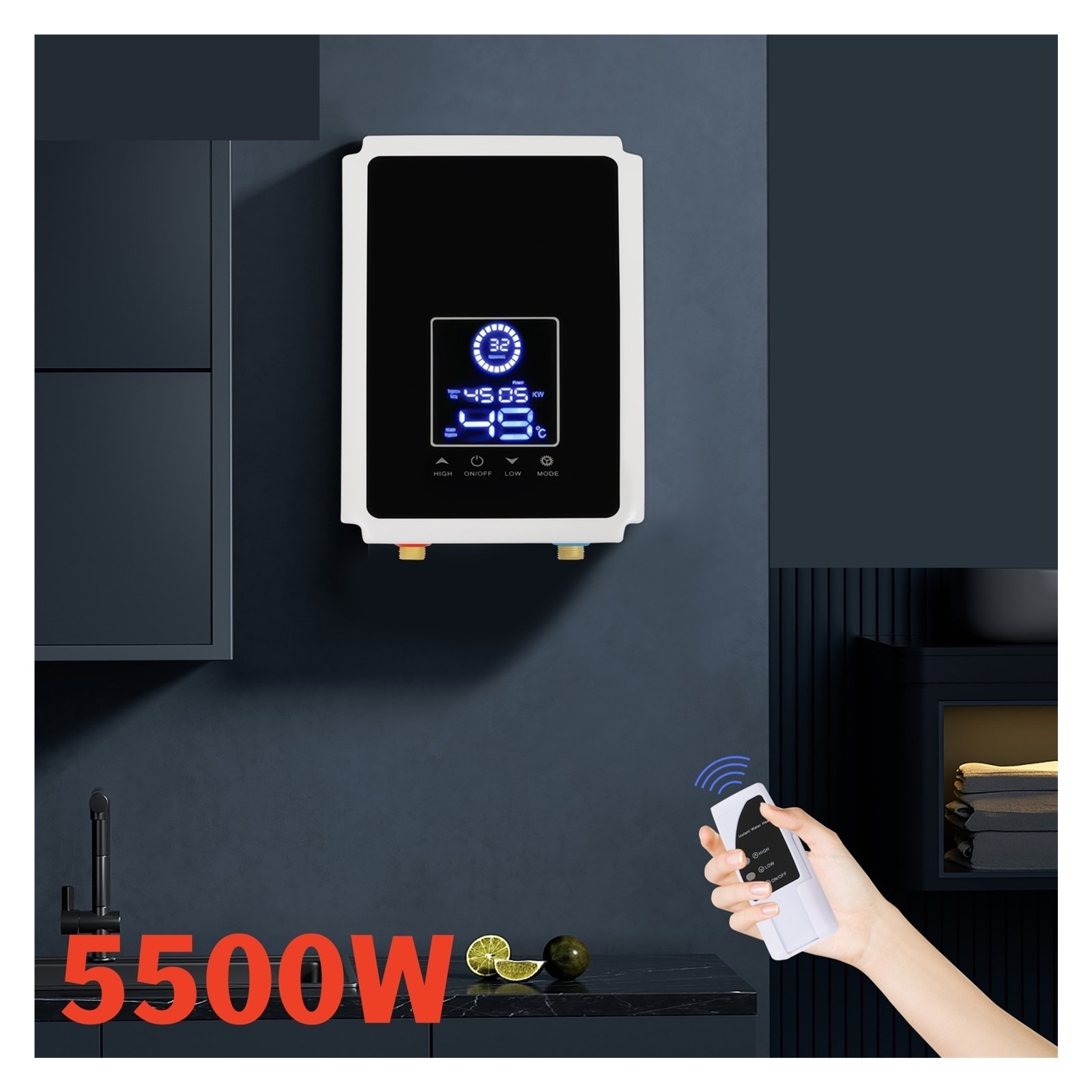 5500W Electric Household Instant Tankless Water Heater For Bathroom Shower With Touchscreen & Remote Control ,Safety Protections