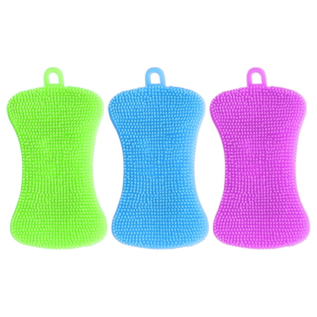 Esponjas de silicona para platos, esponjas para limpiar platos, utensilios de cocina, 3 esponjas para fregar: azul, verde y morado