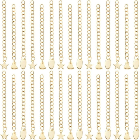 1 Box 30Pcs Gold Extender Chains 304 Stainless Steel Chain Extension with Heart Star Oval Charms Bracelet End Curb Chain Extenders for Jewelry Making Bracelets Supplies DIY Craft (58~68mm)