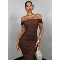 thumbnail image 5 of Coffee Brown Off Shoulder Ruched Midi Dress Bodycon Fit Evening Cocktail Dress, 5 of 5