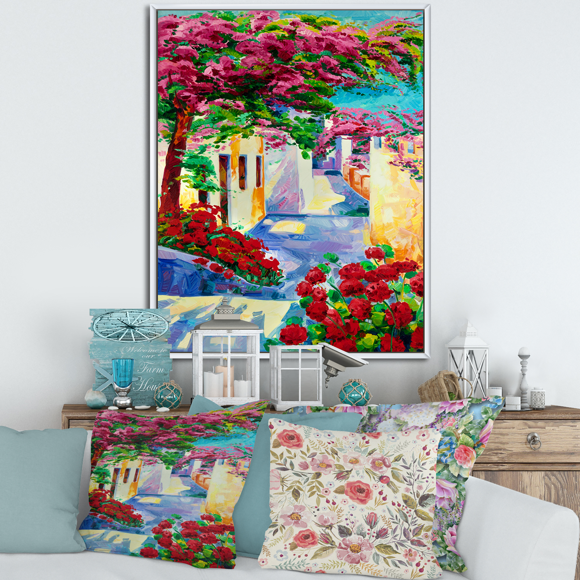 Colorful Traditional Santorini Houses Among Flowers 12 in x 20 in Framed Painting Canvas Art Print, by Designart